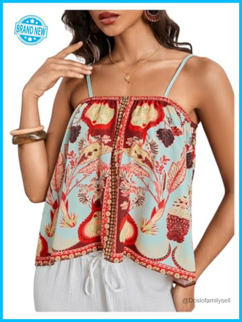 Floral Boho Spaghetti Strap Tank Top Sleeveless Summer Vacation Top